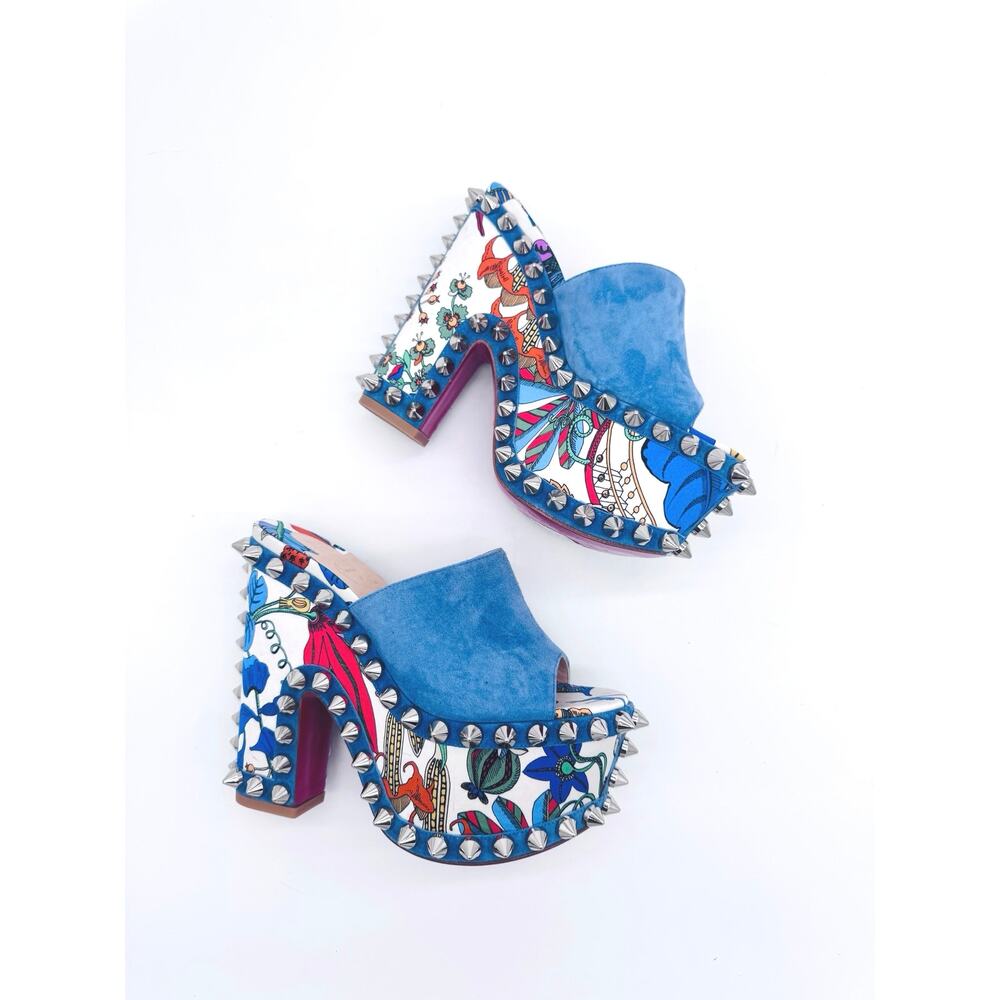Louboutin Massivatac 160 Blue Suede Spike Platform Mule Heels Size EU 35